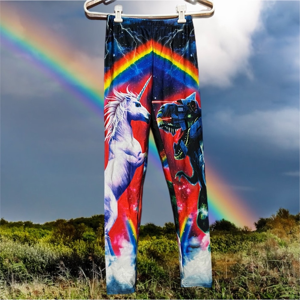 Wild Bold Bright Unicorn Dinosaur Rainbow Leggings Size Small New Without Tags